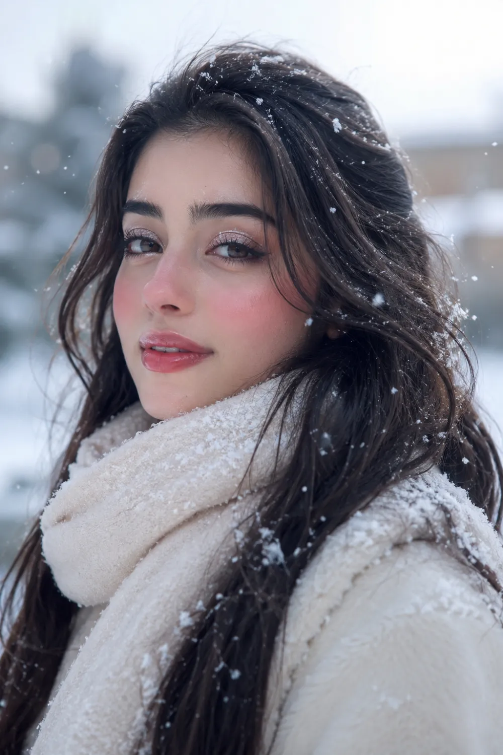 Cold girl rosy makeup look with flushed pink cheeks, glossy lips, glowing winter skin, soft shimmer eyeshadow, cozy cream scarf, snowy background, and dreamy feminine beauty aesthetic.