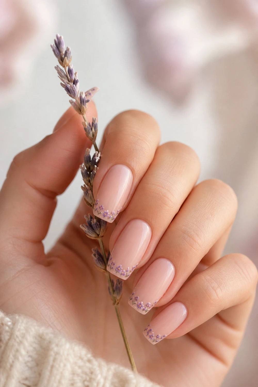 nude nails with tiny lavender floral tips, micro purple flowers, glossy almond shape manicure, soft aesthetic close up