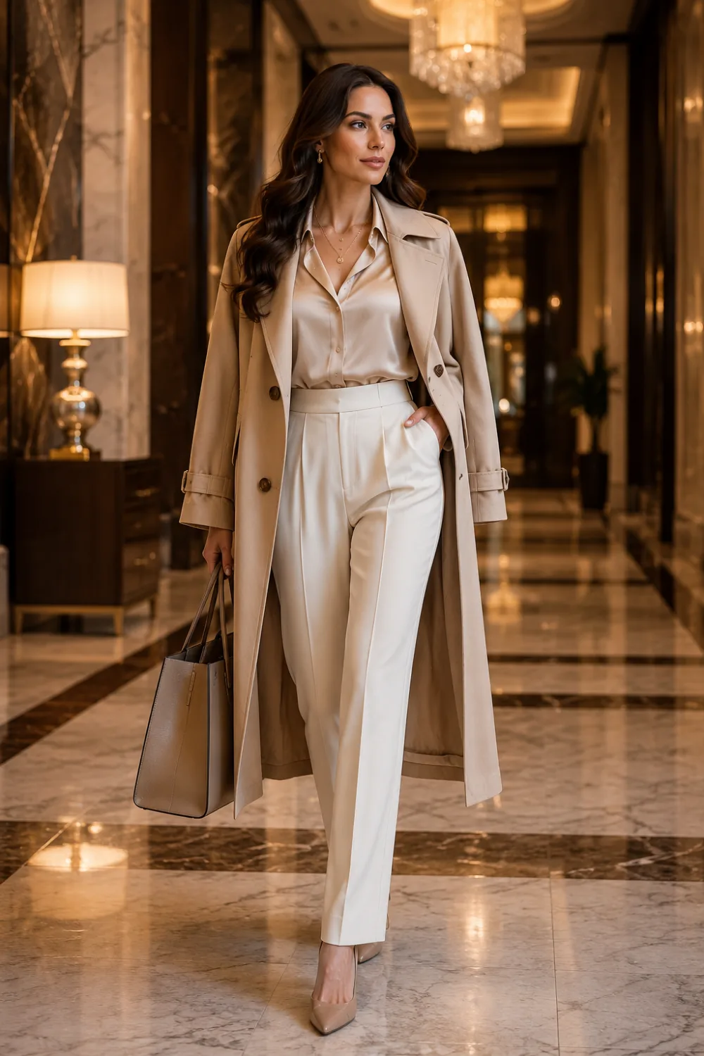 Classy beige trench coat business casual outfit with champagne satin blouse, ivory tailored trousers, nude heels, and structured tote bag styled in a luxury hotel interior.