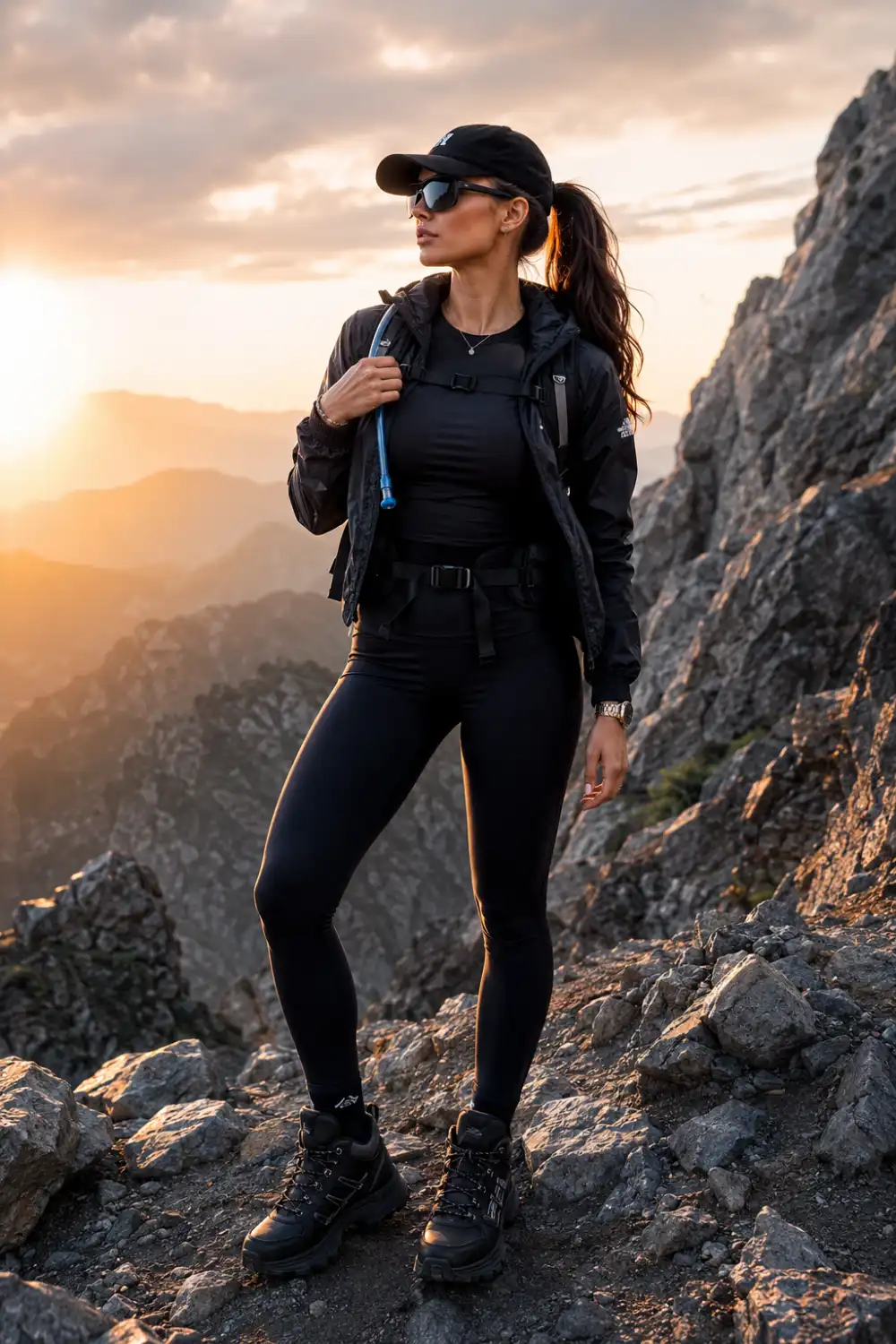 Woman wearing an all-black hiking outfit with fitted leggings, waterproof jacket, black hiking boots, sunglasses, and a sporty backpack while standing on a dramatic rocky mountain trail during sunset.