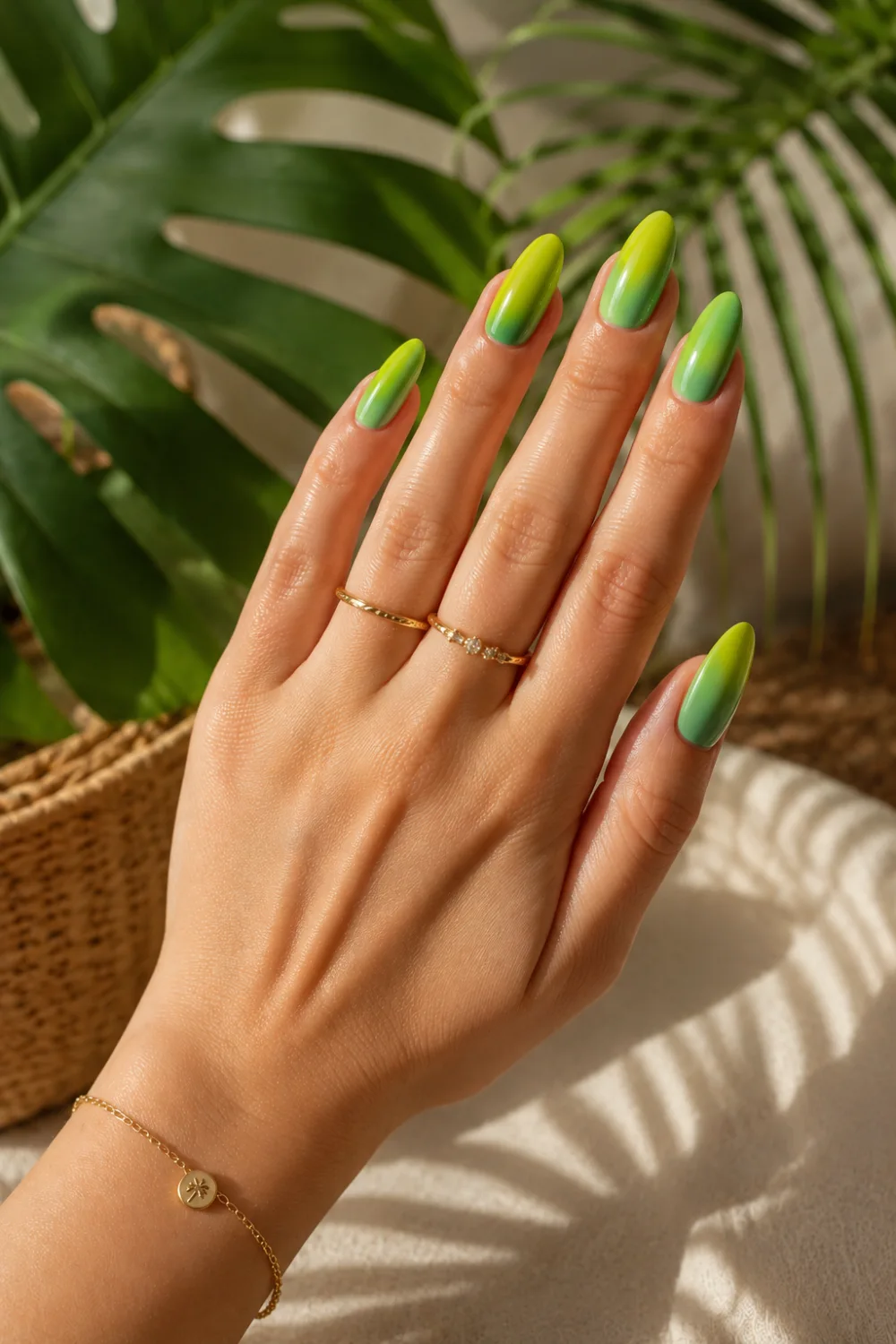 Tropical green ombre nails with lime and mint gradient on glossy almond-shaped nails, featuring botanical summer styling, gold jewelry, and luxury tropical manicure inspiration for 2026.