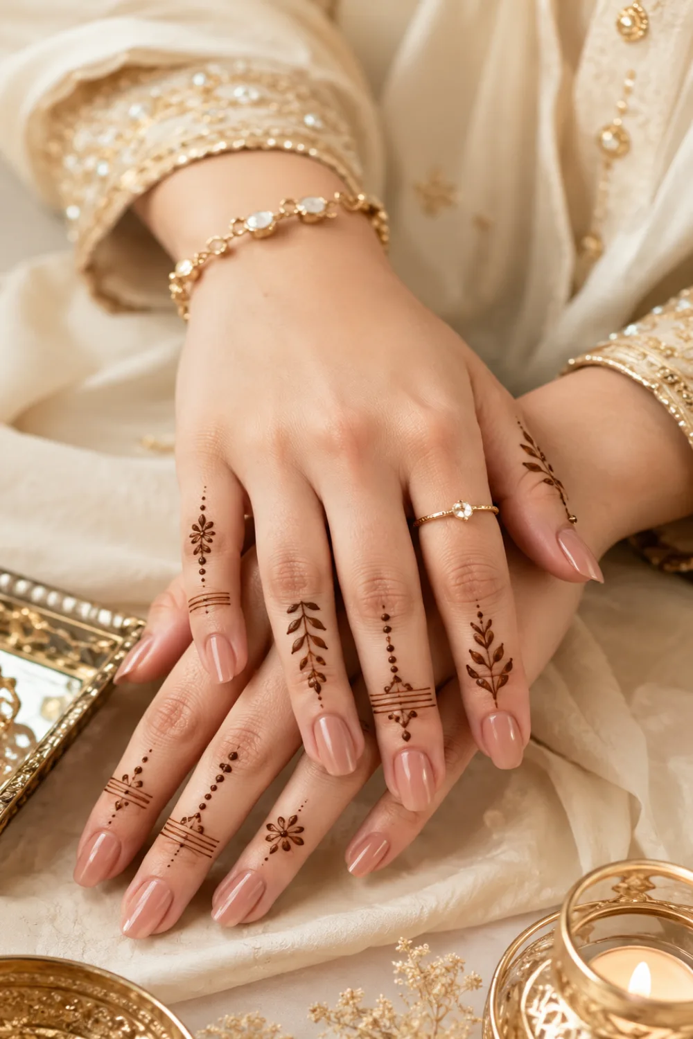 Minimal finger mehndi design for Eid ul Adha 2026 featuring delicate leafy henna patterns, tiny floral details, nude glossy nails, and simple modern festive styling.