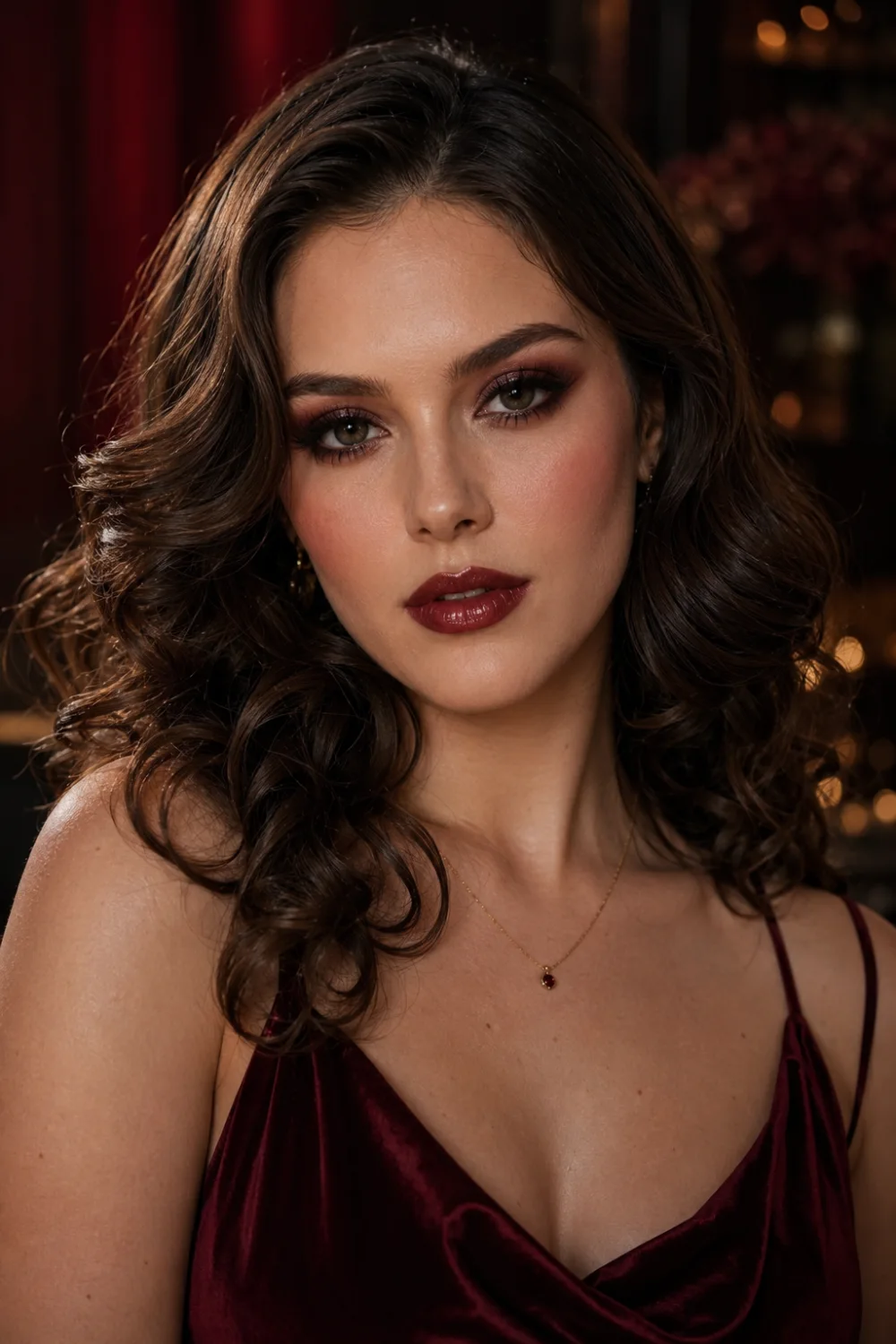 Cherry cola glam prom makeup with burgundy smokey eyes, glossy berry lips, glowing skin, soft brunette curls, and elegant dark feminine beauty aesthetic.