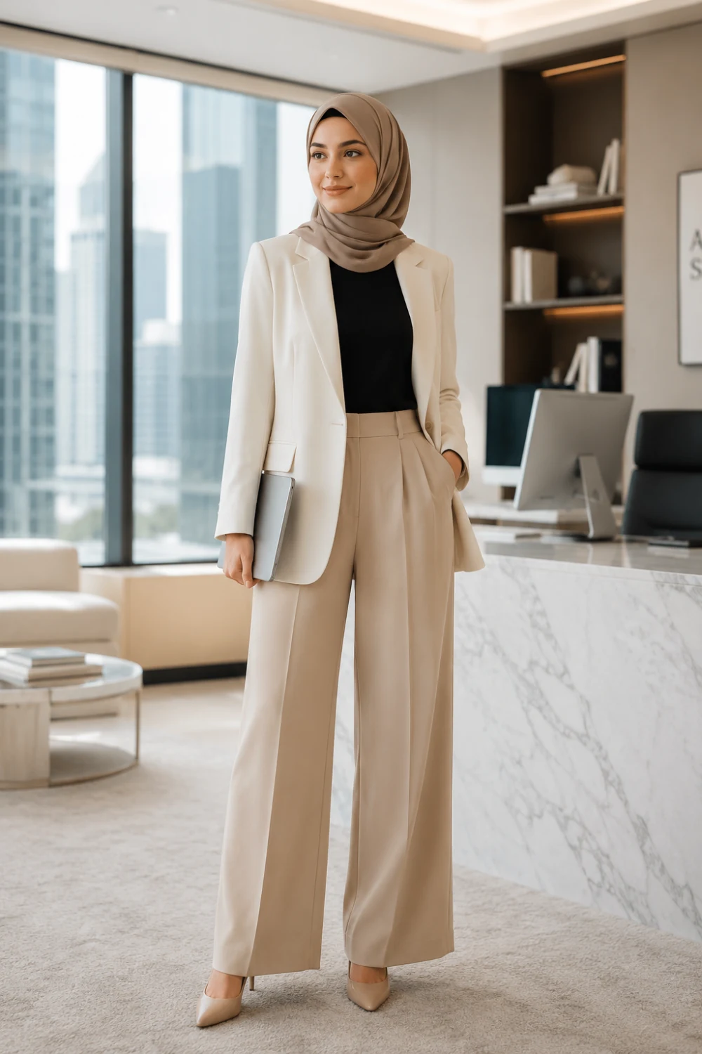 Modern hijabi businesswoman wearing tailored beige wide-leg trousers, a structured cream blazer, black inner top, nude heels, and a taupe hijab inside a luxury office interior. The polished modest office outfit features minimalist fashion styling, clean neutral tones, and elegant professional workwear aesthetics.