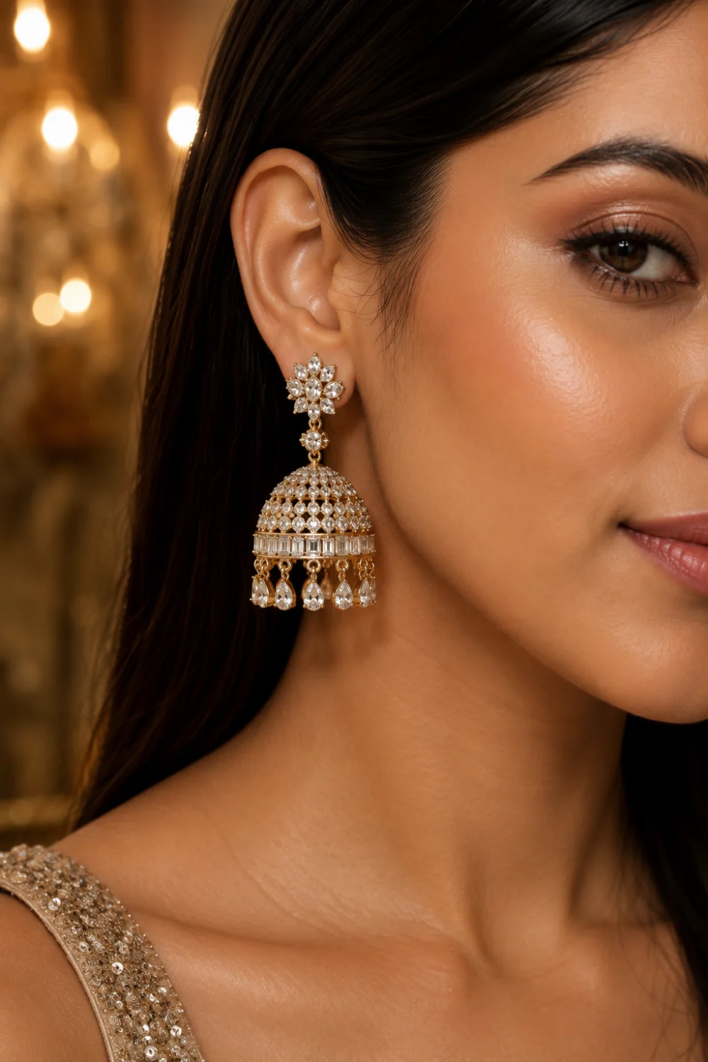 Luxury crystal drop gold jhumka earrings with sparkling stones, elegant hanging crystal details, glamorous partywear styling, and warm golden editorial lighting on female model