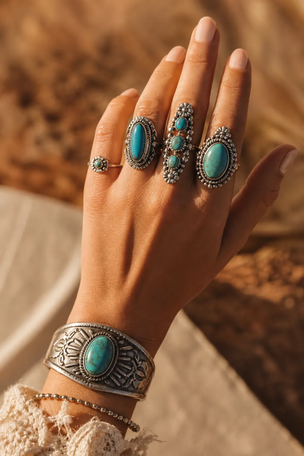 female hand wearing boho turquoise knuckle rings with silver details, stacked rings with blue stones, warm sunlight, earthy desert tones, bohemian jewelry aesthetic, natural nails, festival style rings