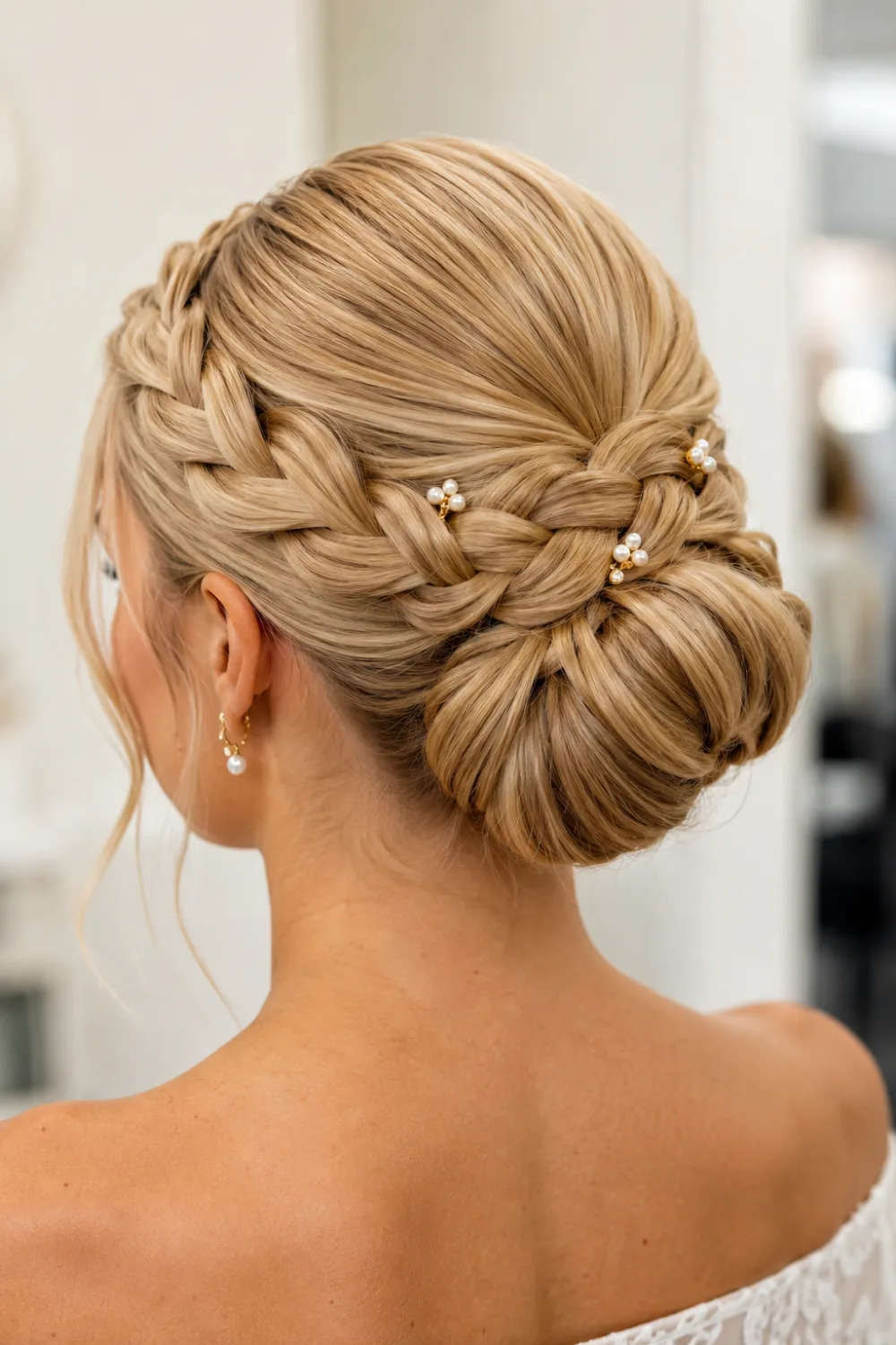 Pearl twisted braided bun hairstyle with smooth woven braids, glossy blonde hair, polished low bun, and subtle pearl accents for elegant formal occasions.