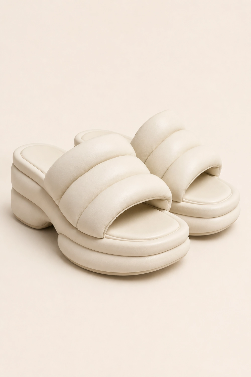 Cream puffy platform mule sandals with oversized cushioned straps, soft padded texture, modern chunky platform sole, minimalist neutral aesthetic, trendy comfortable Pinterest platform sandals for 2026 fashion.