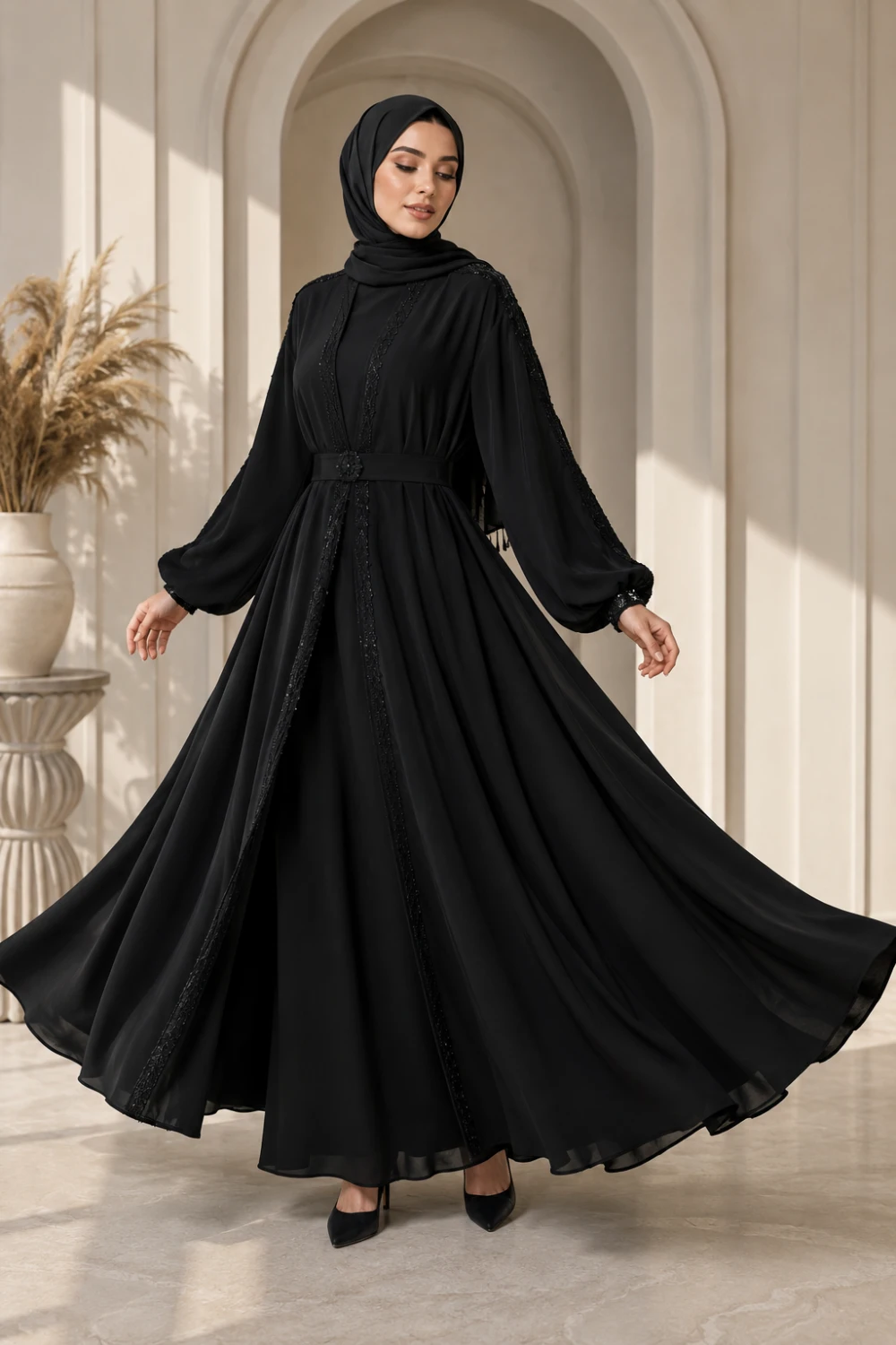 Elegant Muslim model wearing flowing black umbrella flare abaya with matching hijab in luxury modest fashion full body dramatic pose indoors