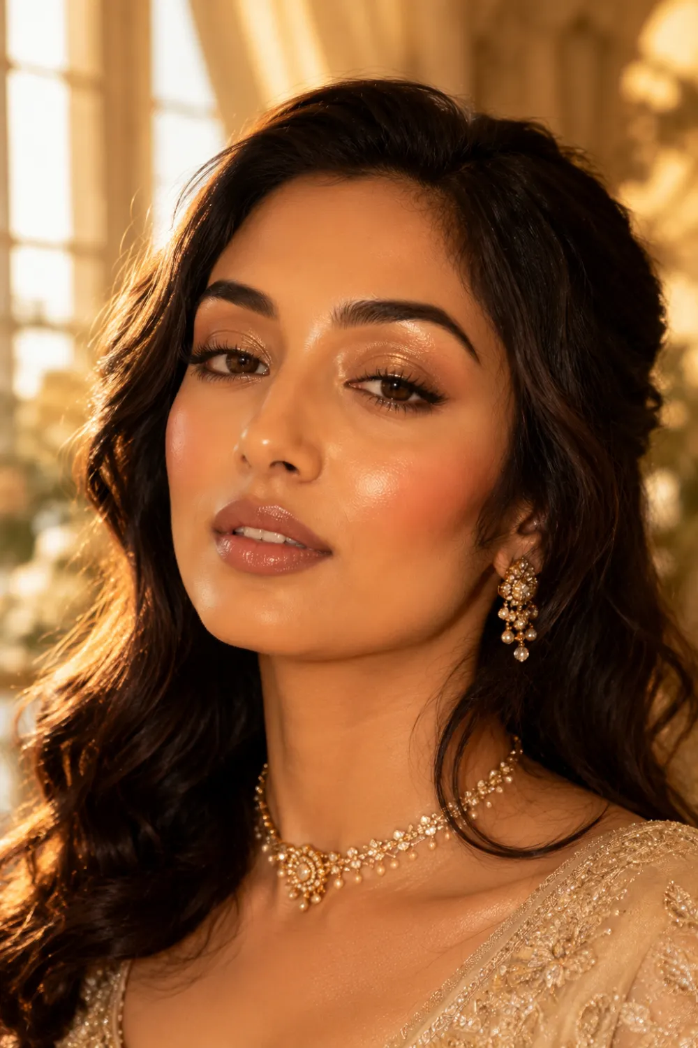 South Asian woman wearing golden hour bridal glow makeup with bronzed radiant skin glossy nude lips champagne highlight soft curls and traditional jewelry in warm sunlight