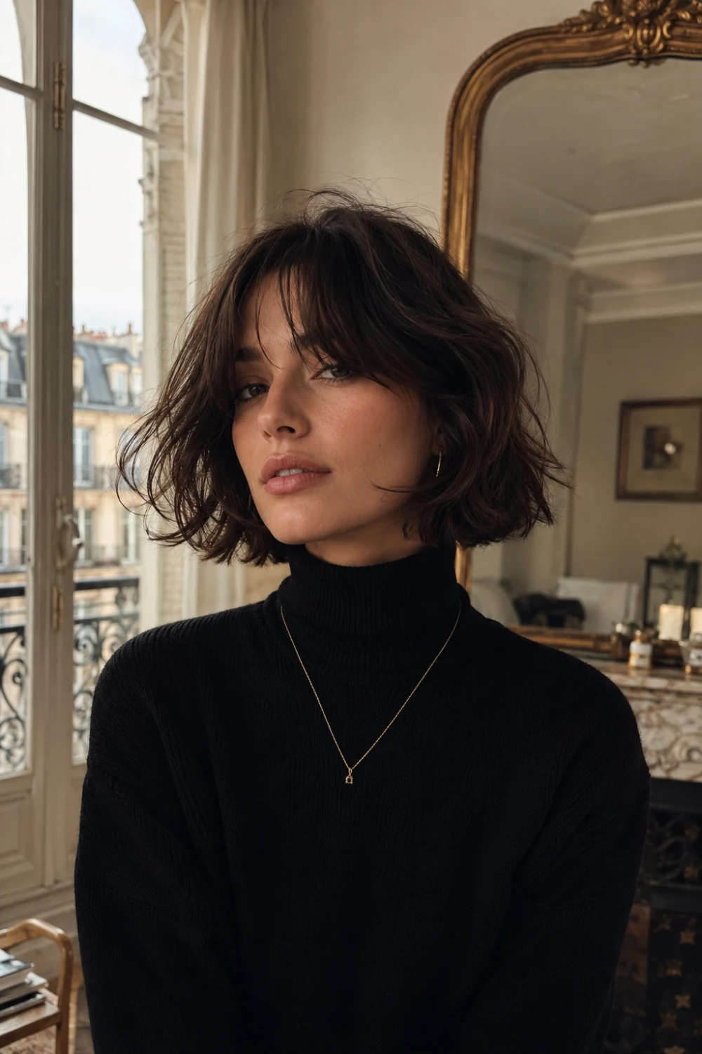 French-inspired messy wavy bob hairstyle with wispy bangs, soft tousled texture, brunette layered waves, and effortless Parisian short hair styling for 2026.