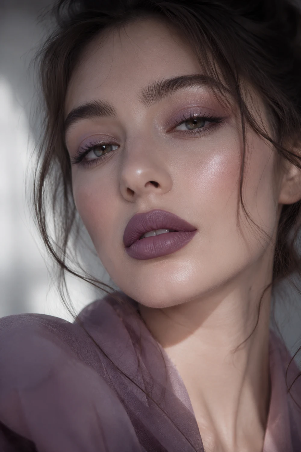 Ultra realistic close-up beauty portrait featuring cool toned mauve plum lips with a soft matte finish, glowing skin, fluffy brows, pastel lavender eye makeup, and feminine soft glam styling. Romantic muted plum tones and elegant clean beauty aesthetics inspired by modern makeup trends for 2026.