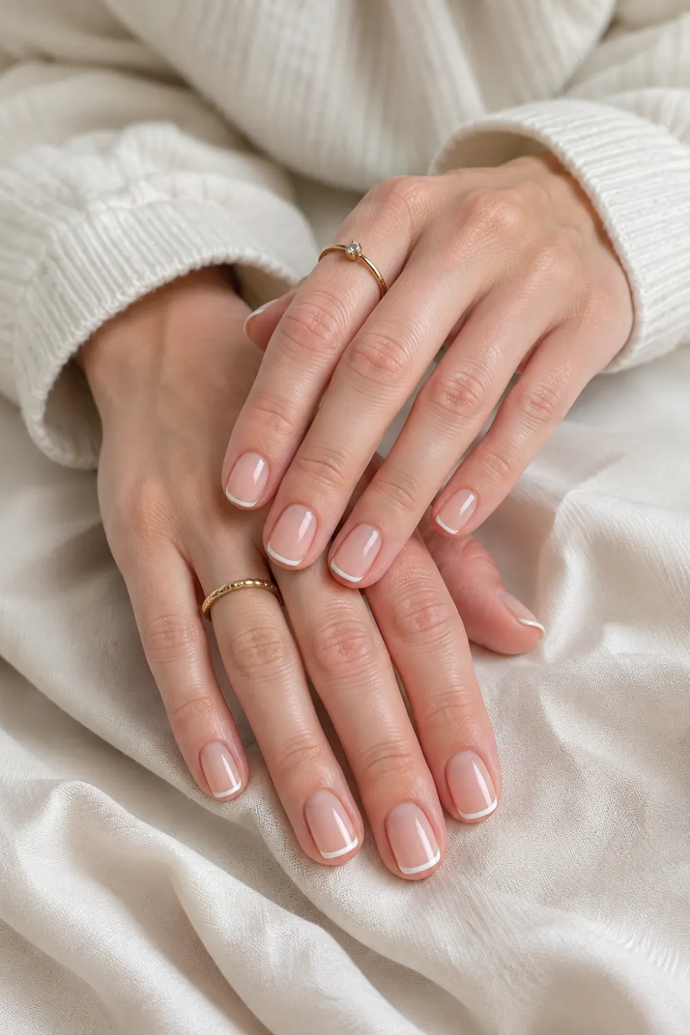 Minimal French tip short nails with glossy nude base, thin white tips, soft cream fabric background, and elegant feminine manicure styling on natural short nails.