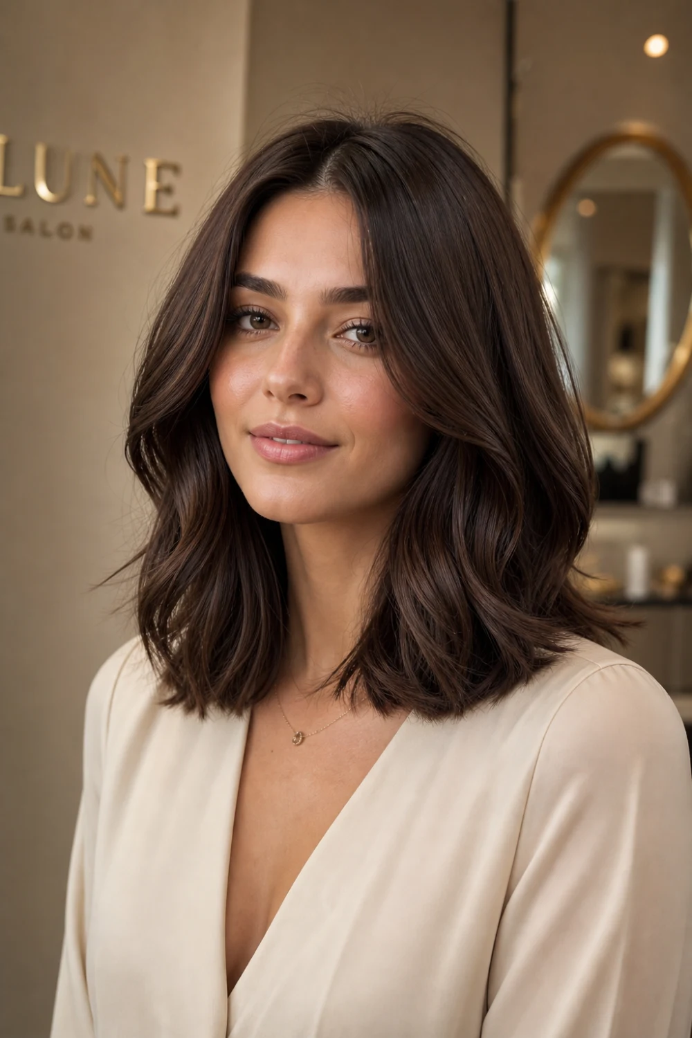 layered loose waves hairstyle medium length hair, soft layered waves volume, natural flowing hair layers, parisian layered hairstyle, smooth wavy hair with layers, elegant soft waves trend