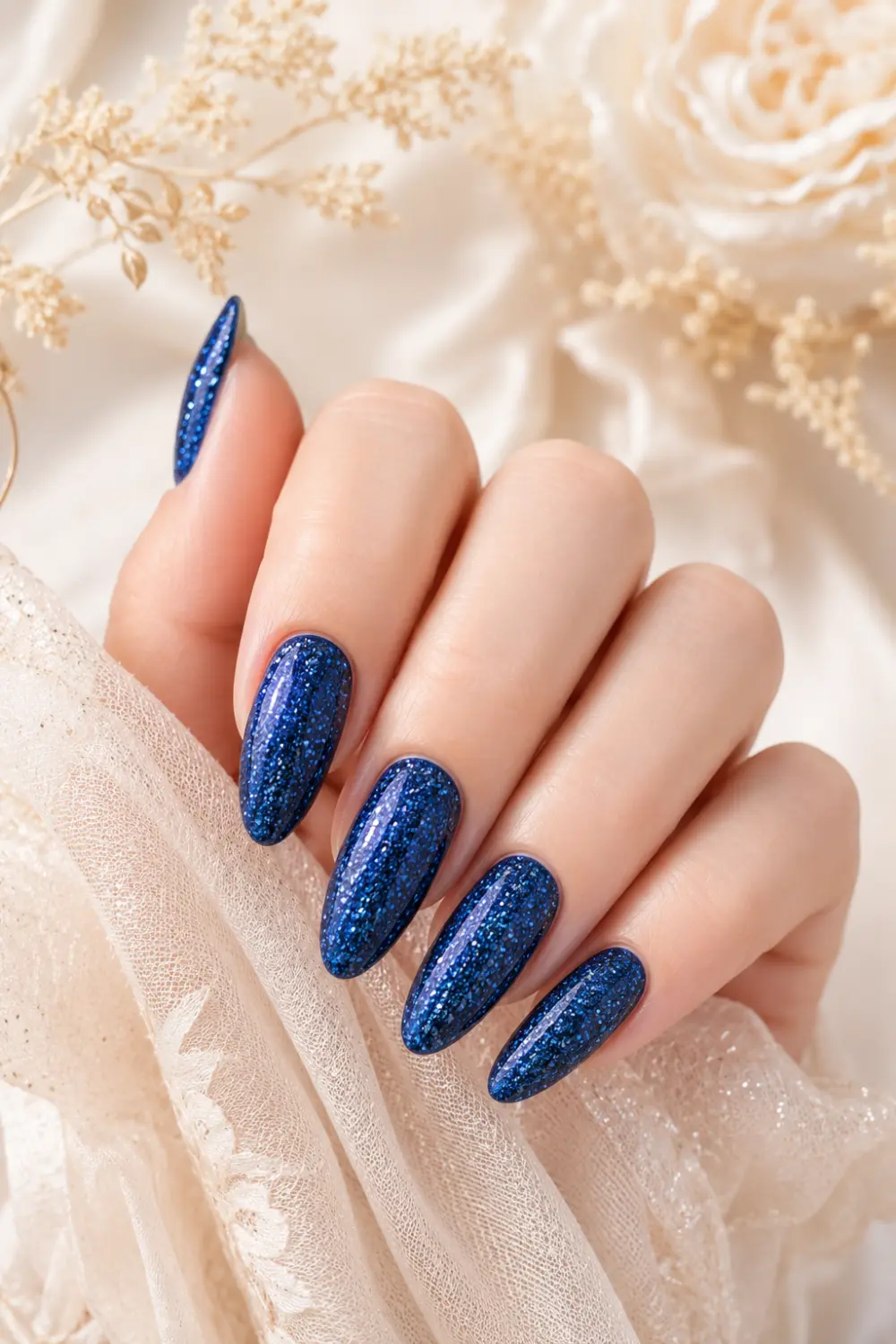 Deep sapphire blue glitter almond nails with sparkling glossy texture, glamorous blue manicure design with luxury Pinterest beauty aesthetic and elegant feminine styling.