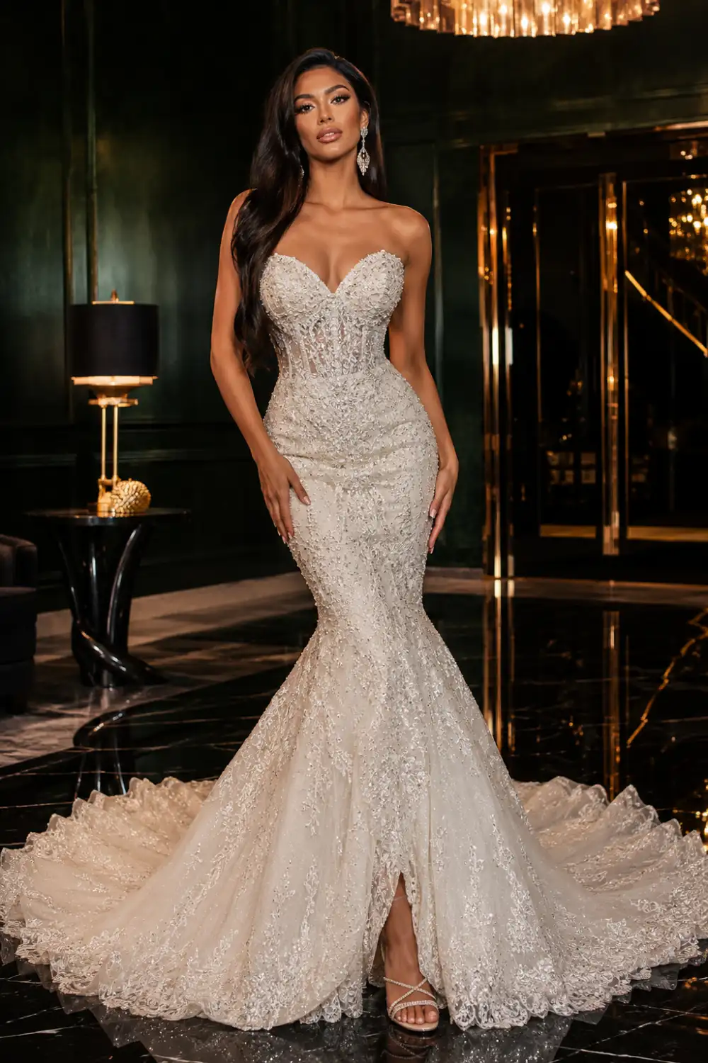 Glamorous mermaid lace wedding dress with fitted corset bodice, sparkling lace embroidery, dramatic train, and elegant bridal silhouette worn by a beautiful bride in a luxury ballroom with golden lighting.