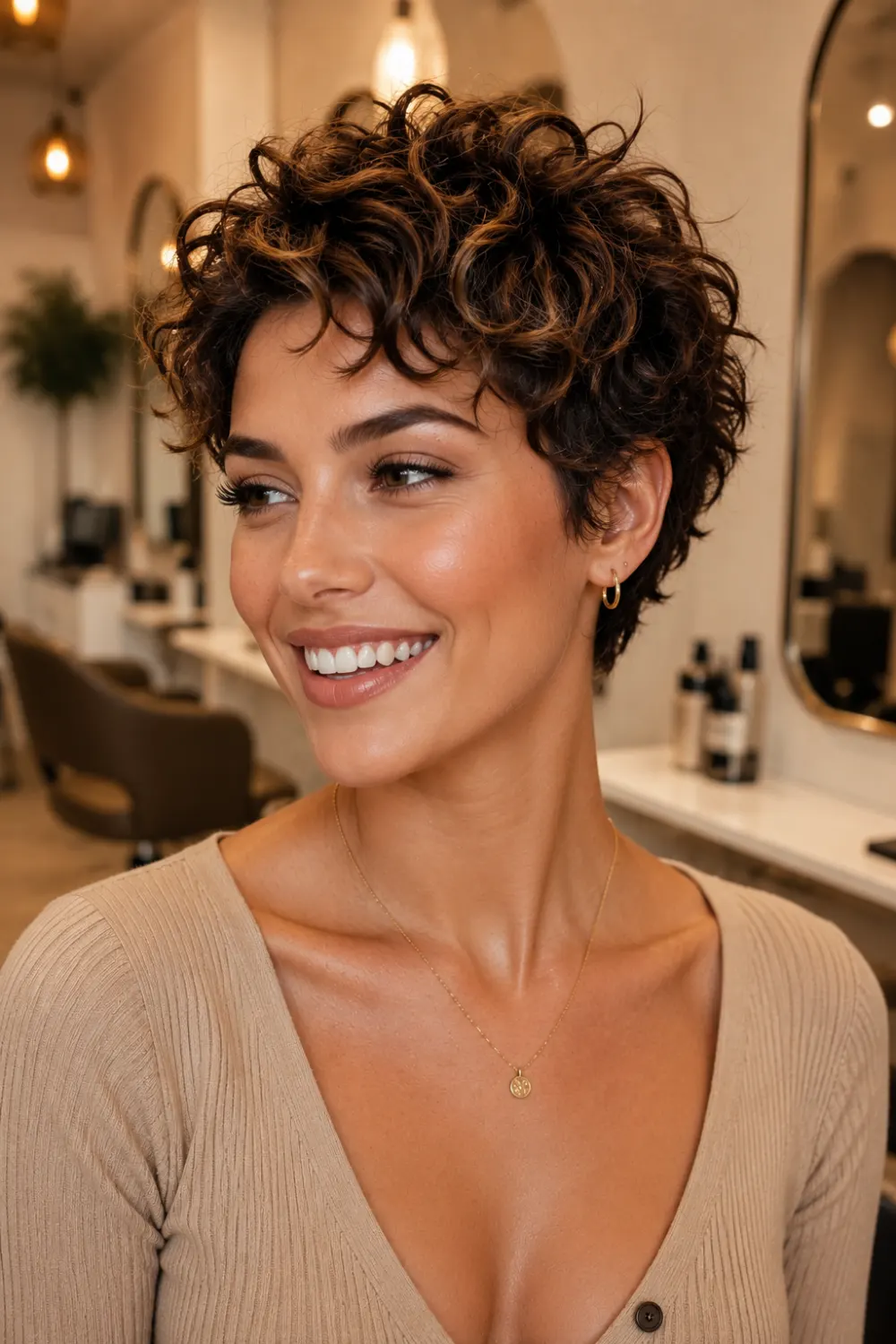 Curly textured pixie cut with soft defined curls, voluminous short brunette hair, and playful layered styling inside a modern upscale salon with warm lighting.