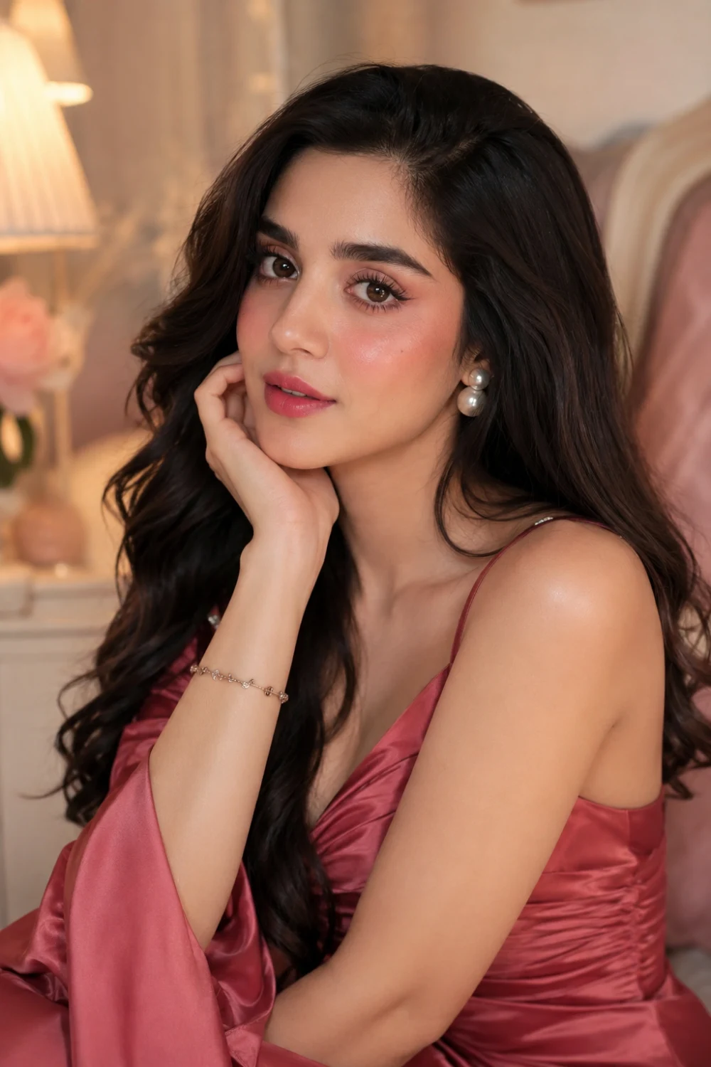 Romantic rose glow makeup look with rosy blush cheeks, glossy pink lips, soft glam eyes, silky dark curls, satin dress, pearl earrings, and elegant feminine beauty aesthetic.