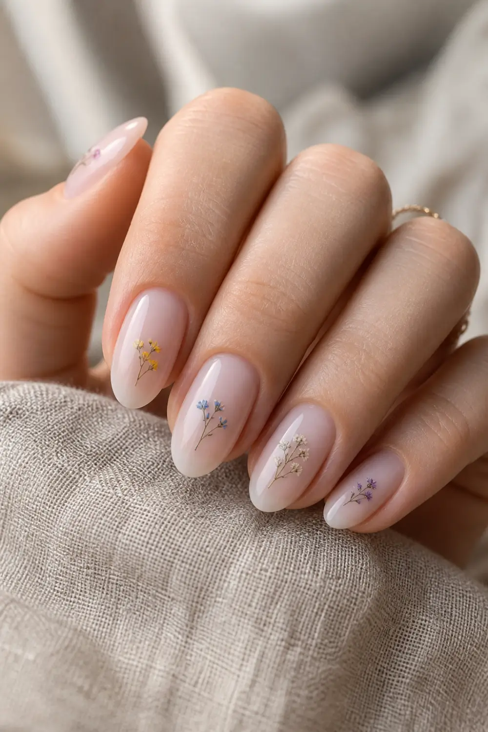 sheer nude nails with tiny wildflower designs, micro floral stems, minimalist manicure, glossy finish, neutral aesthetic close up