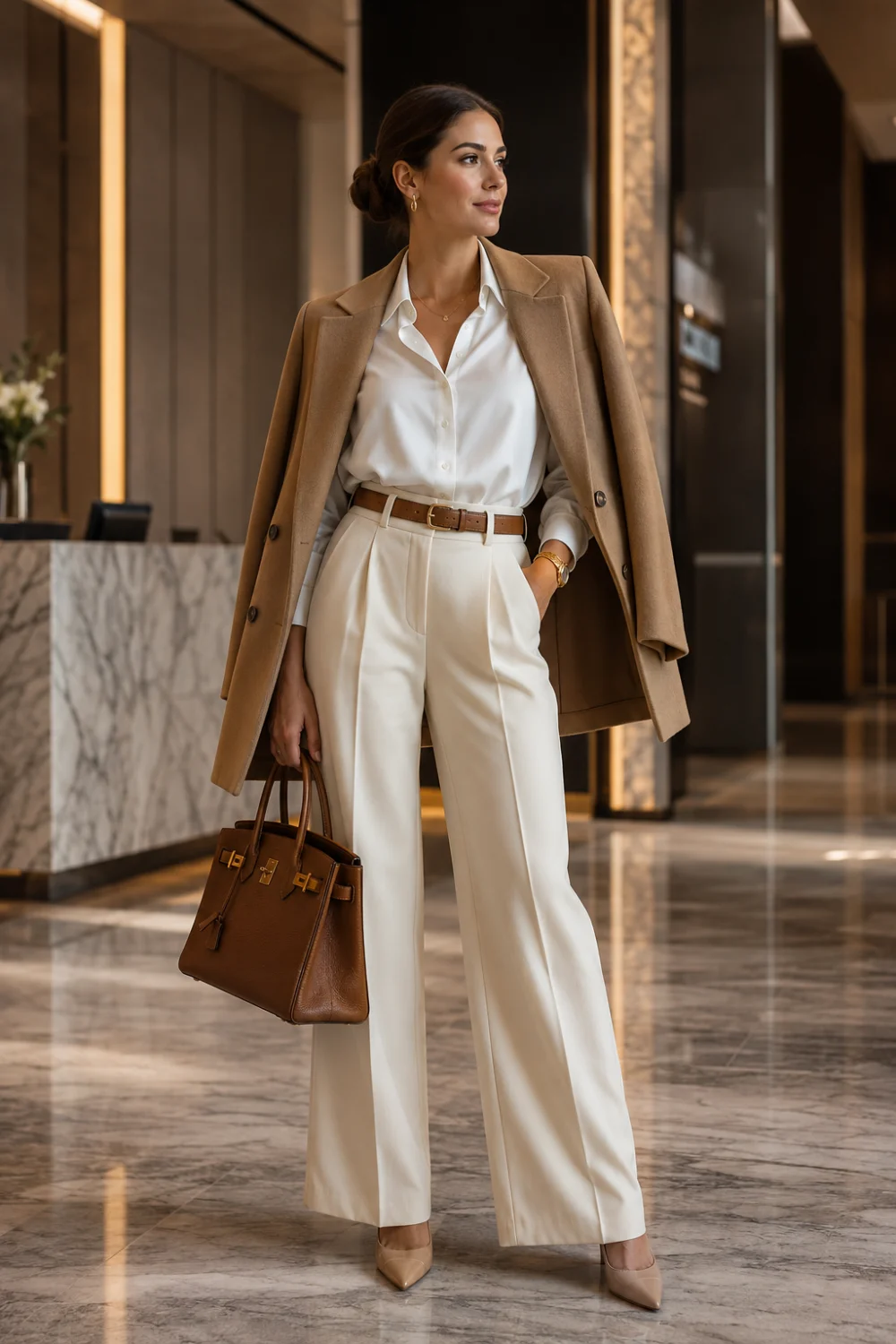 Elegant camel blazer business casual outfit with white button blouse, cream trousers, nude pointed heels, leather handbag, and classy old money office fashion styling.