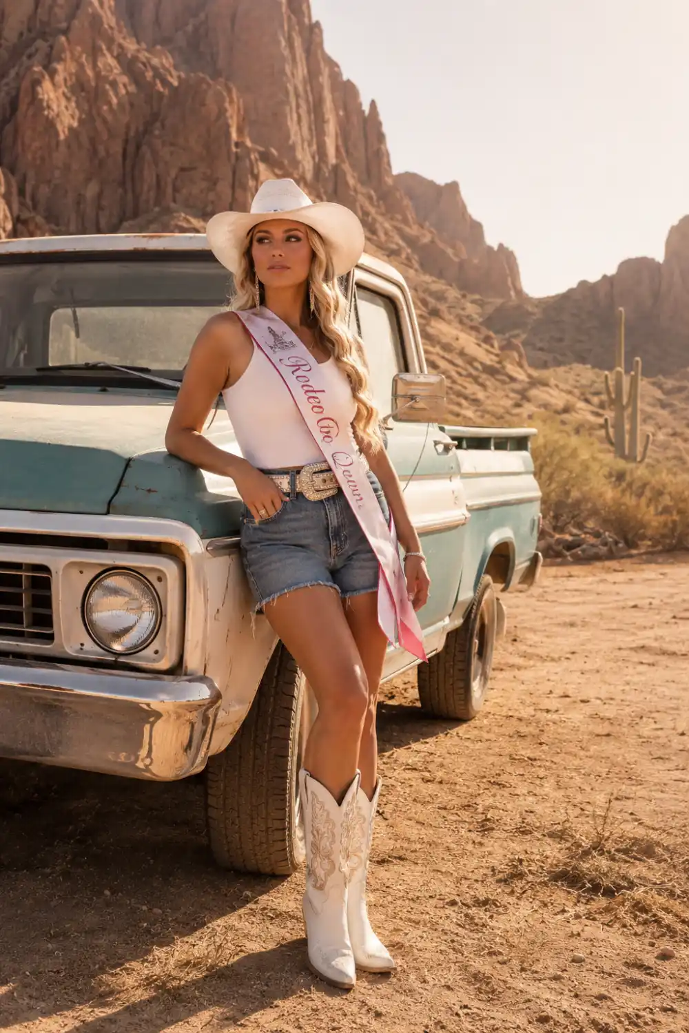 Western cowgirl sash outfit with denim shorts white cowboy boots and vintage truck in a desert-inspired country fashion setting