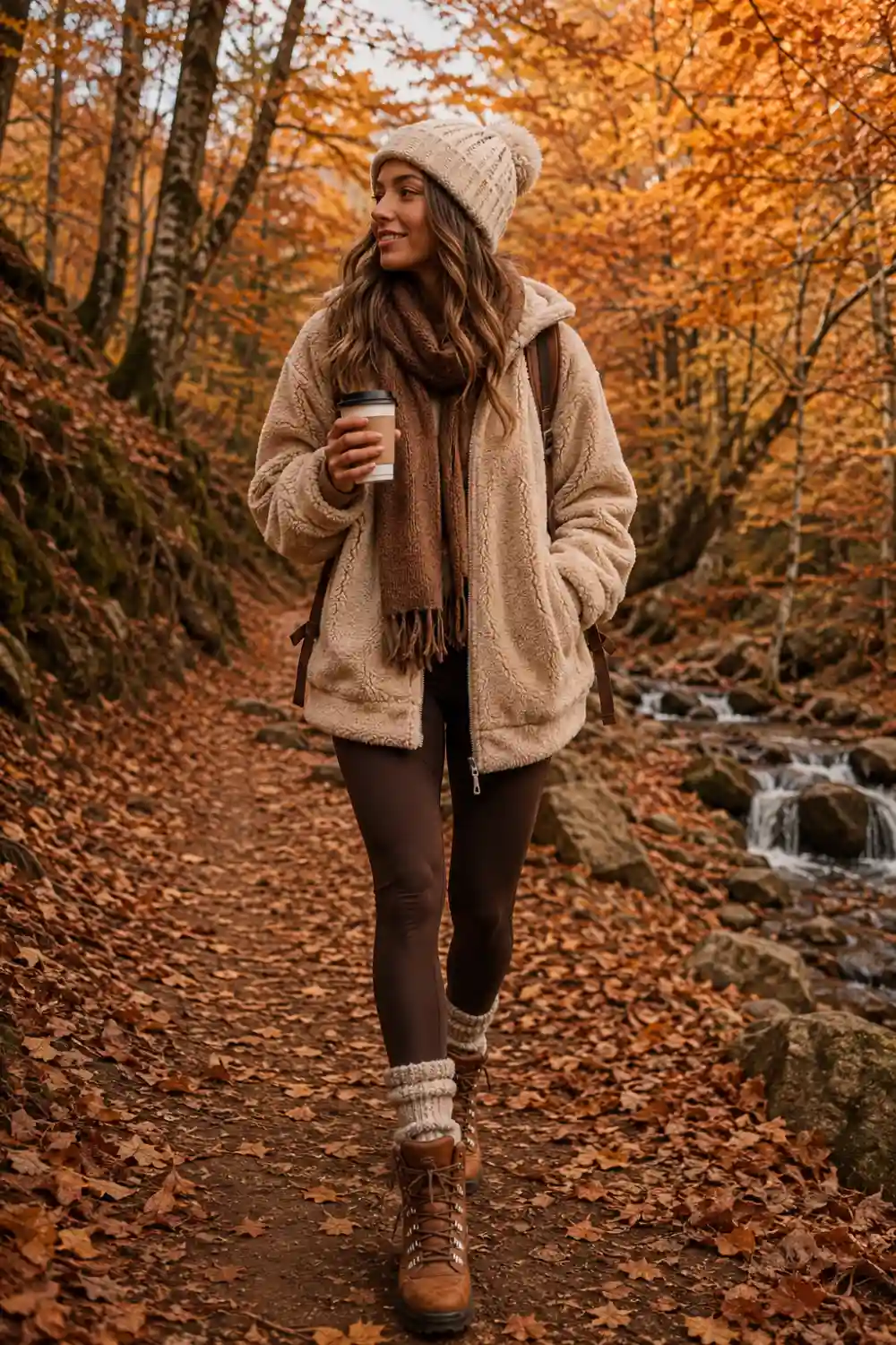 Woman wearing a cozy fall hiking outfit with oversized beige fleece jacket, brown leggings, knitted beanie, scarf, wool socks, and brown hiking boots while holding coffee on an autumn forest trail covered in leaves.