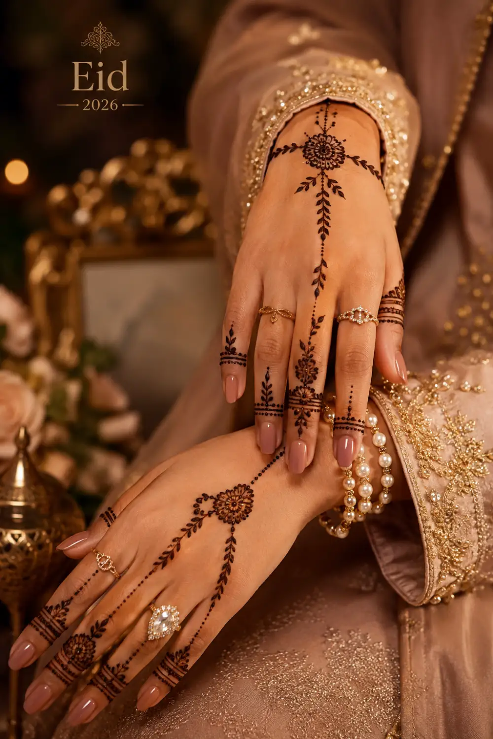 Delicate mandala chain mehndi design for Eid ul Adha 2026 featuring floral mandala patterns, chain style henna details, nude nails, and elegant festive hand styling.