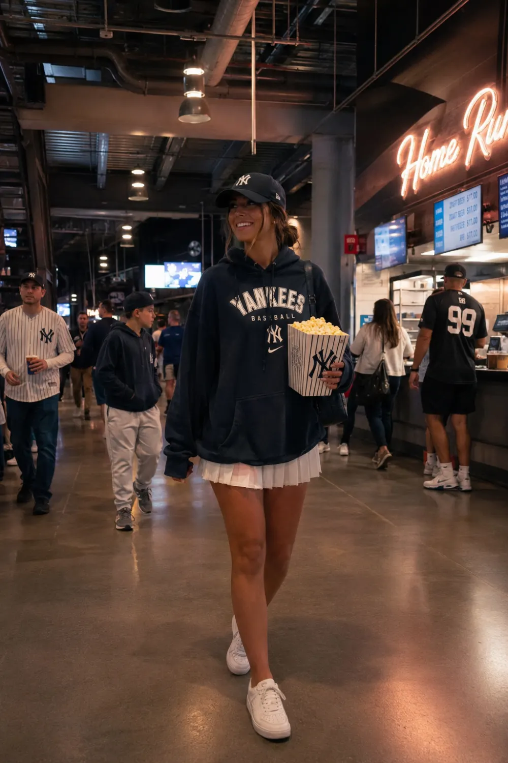 Woman wearing oversized Yankees hoodie with white tennis skirt and sneakers walking through baseball stadium concourse holding popcorn during night game.