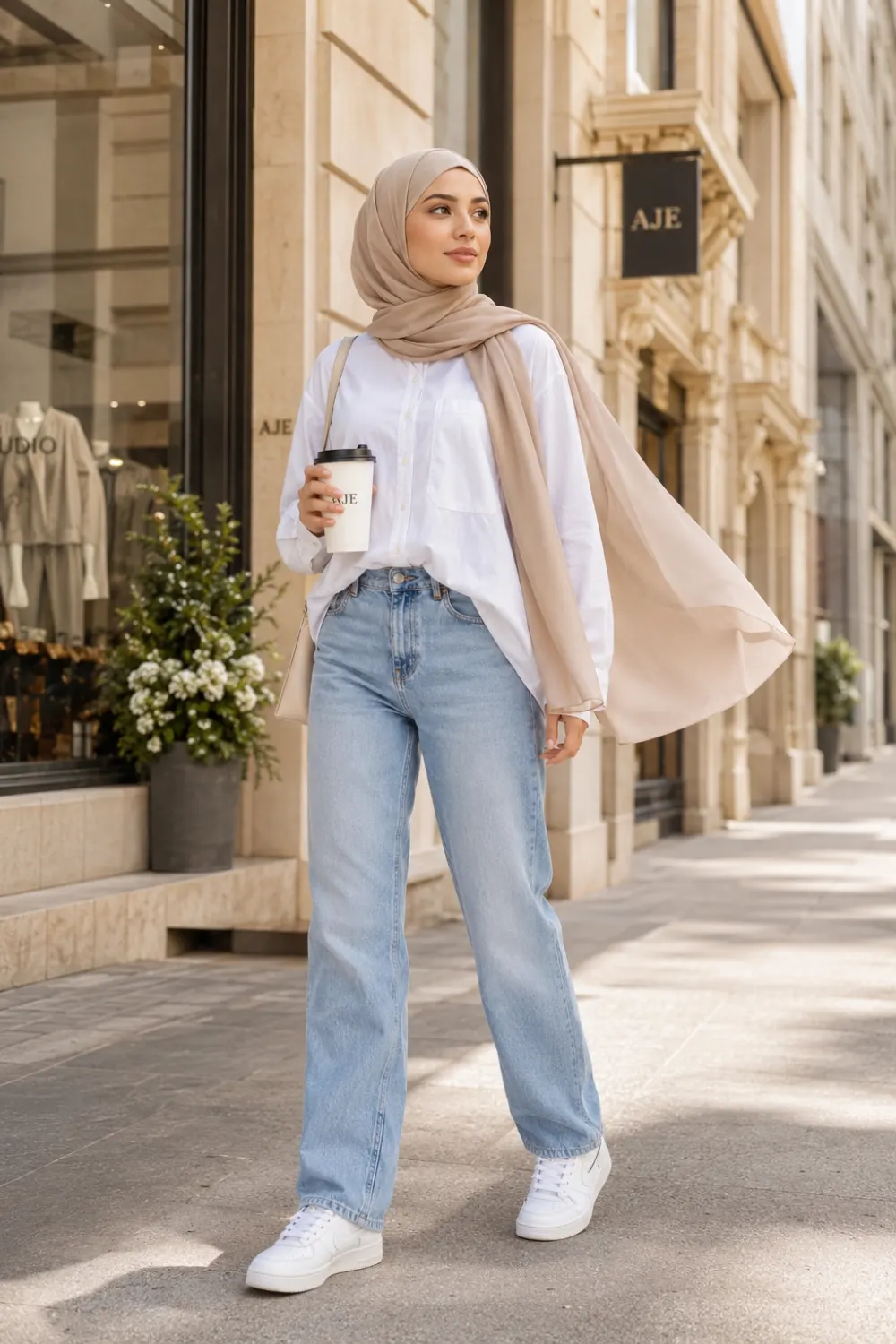 Stylish young hijabi woman wearing light blue straight-leg jeans, an oversized white shirt, white sneakers, and a flowing beige chiffon hijab while walking through a luxury city street with coffee in hand. The casual modest outfit features trendy everyday fashion with soft neutral tones and clean Pinterest-inspired aesthetics.