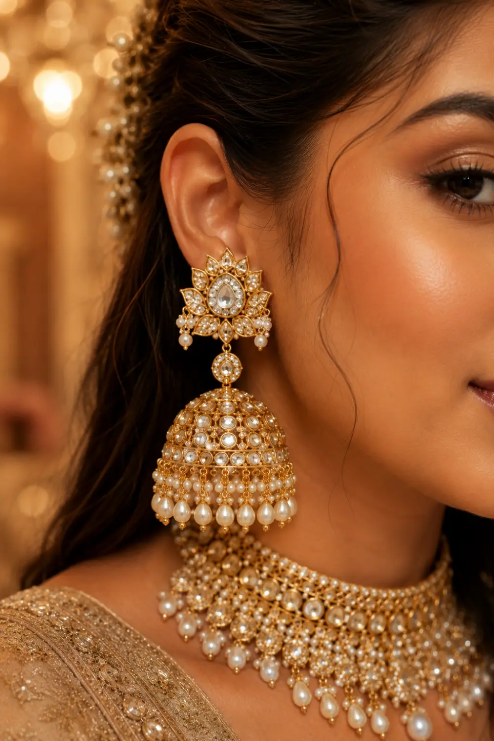Royal polki bridal gold jhumka earrings with pearl tassels, intricate stone detailing, luxurious ethnic bridal styling, and heavily embellished traditional jewelry aesthetic