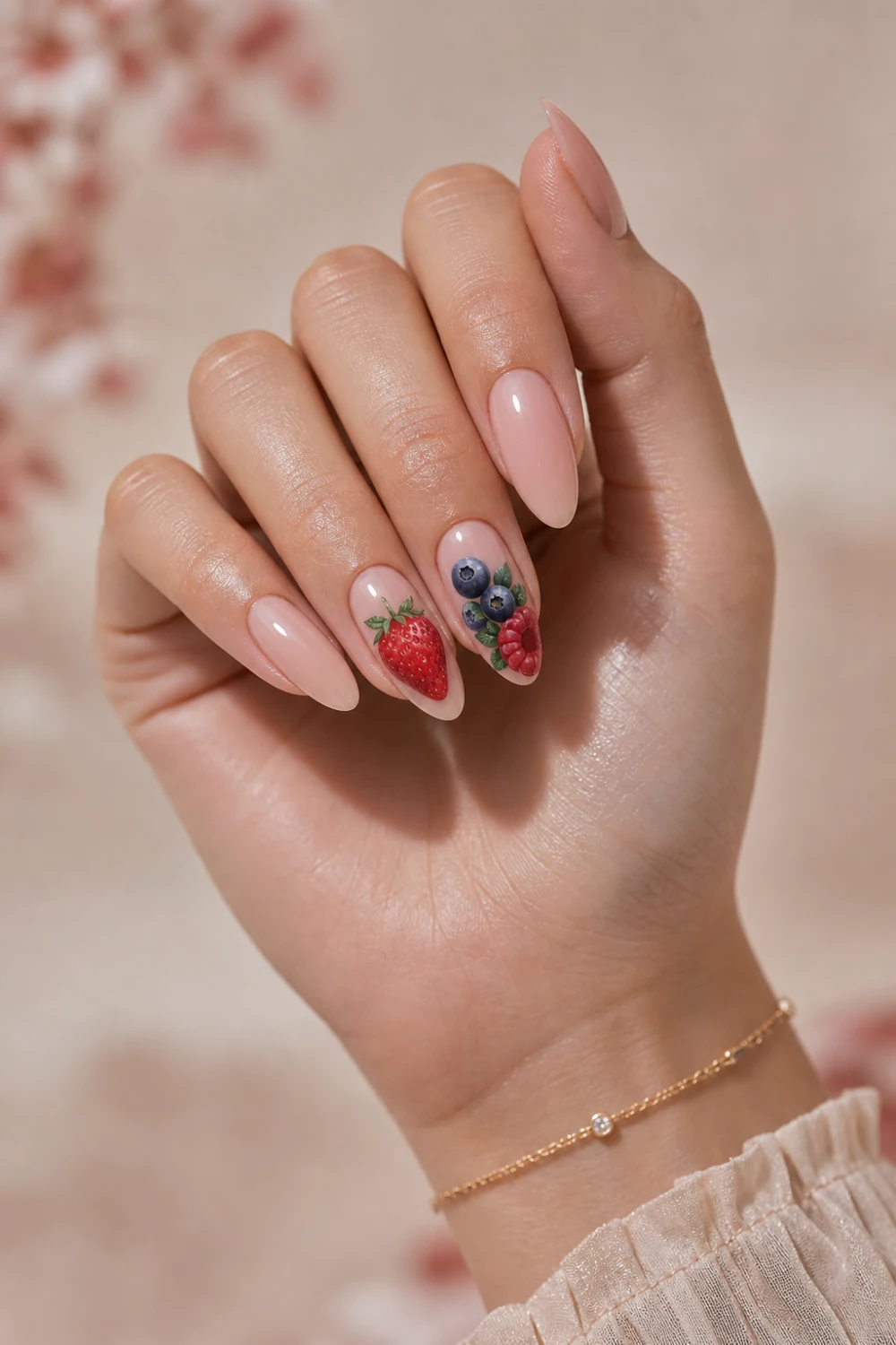 mixed berry nail art strawberries blueberries raspberries nude base glossy almond nails aesthetic fruit manicure detailed design