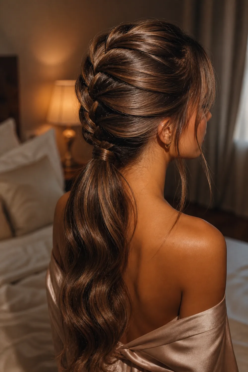 french braid ponytail smooth crown braid flowing into ponytail glossy brown hair soft indoor lighting elegant hairstyle