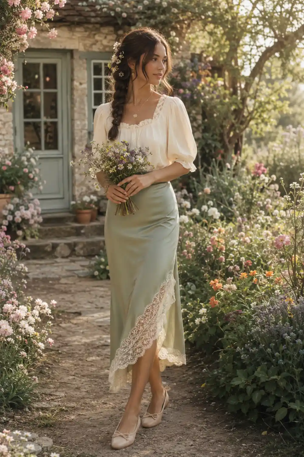 Woman wearing a sage green satin lace slip skirt with a soft white blouse, delicate gold pendant necklace, and ballet flats while standing in a romantic flower garden cottage setting, feminine cottagecore Pinterest fashion inspiration.