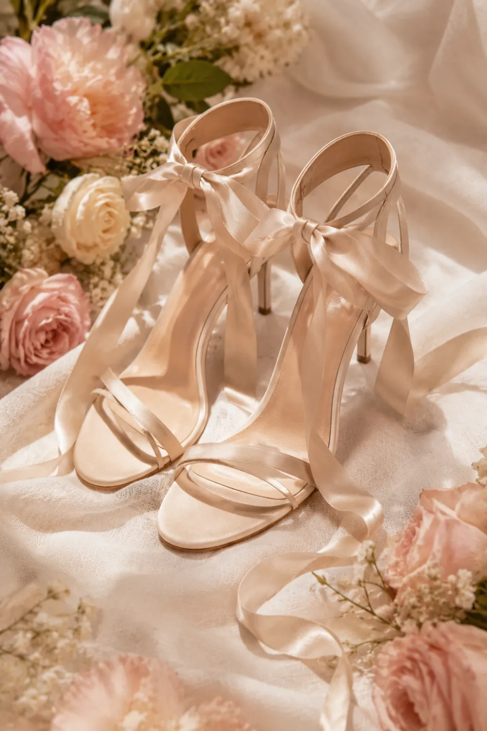 Ivory satin ribbon tie strappy heels styled on soft floral fabric with elegant ankle bows and luxury feminine details inspired by romantic Spring 2026 fashion trends.