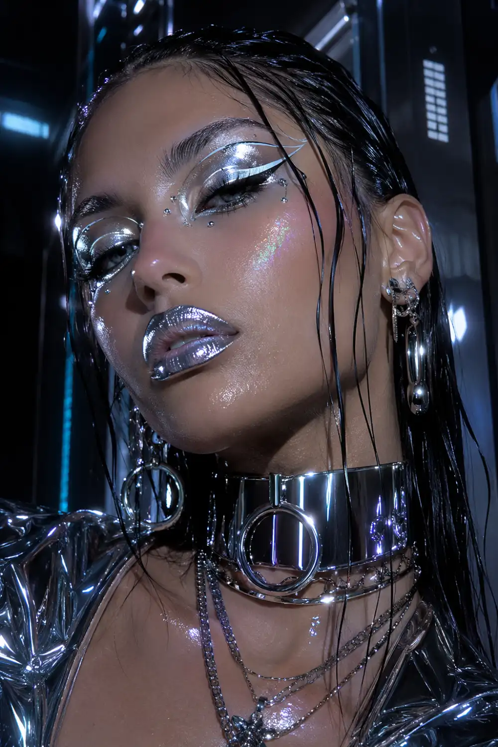 Futuristic silver cyber Y2K makeup with chrome metallic eyeshadow, glossy silver lips, holographic glow, graphic eyeliner, wet-look hair, reflective accessories, and edgy retro glam aesthetics.