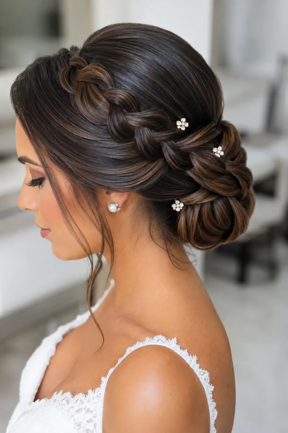 Floral jewel braided updo hairstyle with smooth side braid, textured low bun, glossy brunette hair, and tiny floral crystal accents for weddings.