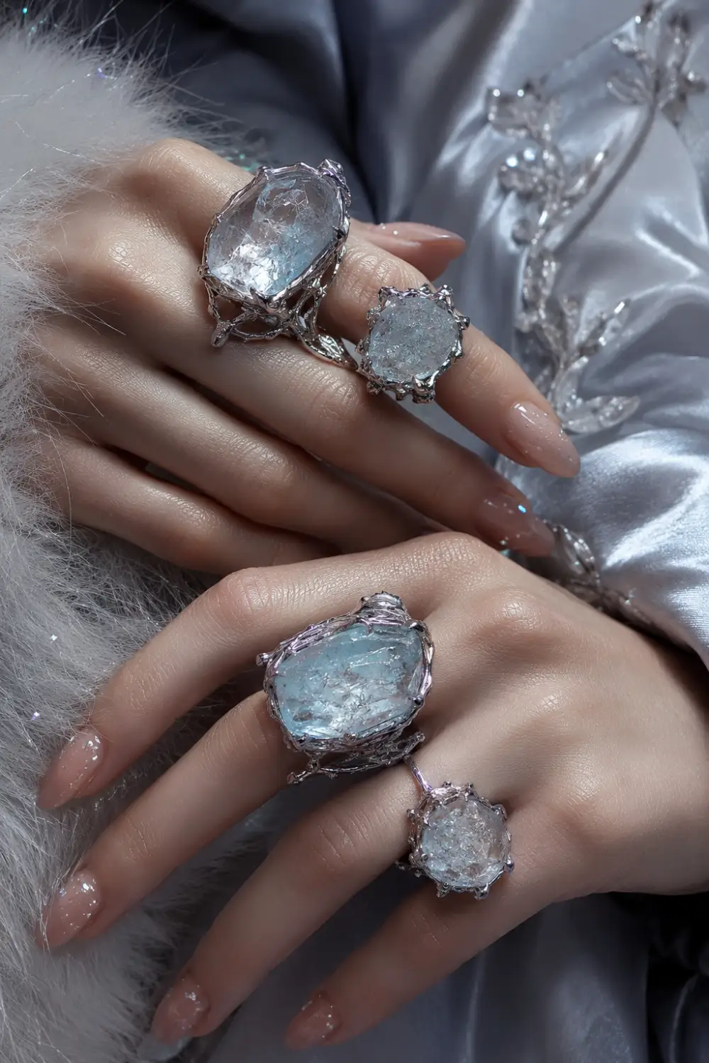Oversized frozen quartz statement rings with icy crystal gemstones and sculptural silver settings styled in luxurious winter glam jewelry aesthetics for 2026 fashion.