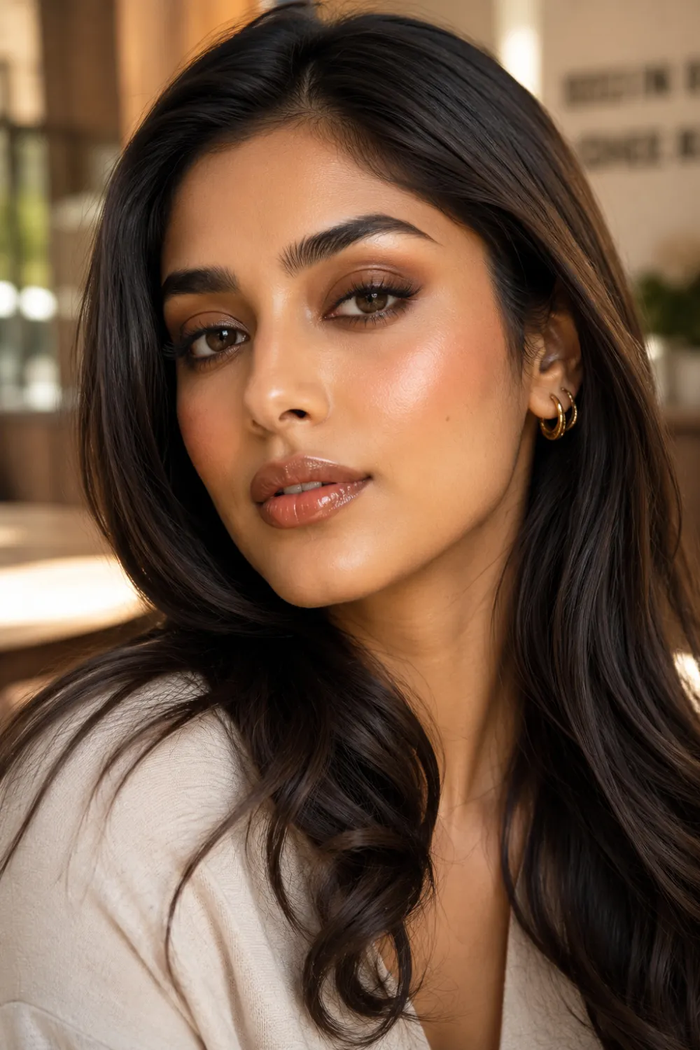 South Asian woman wearing latte brown dewy makeup with caramel eyeshadow glossy nude lips radiant bronzed skin soft glam lashes and loose glossy waves in cozy daylight
