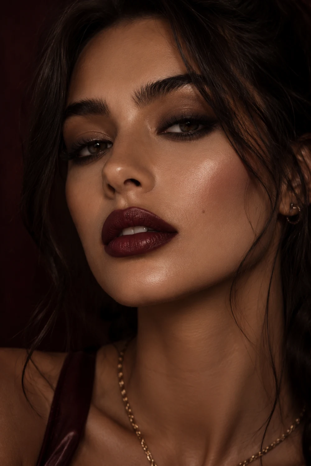 Luxury beauty portrait featuring satin espresso plum lips with warm brown undertones, bronzed glowing skin, smoky brown eyeshadow, dark brunette hair, and sophisticated evening glam styling. Rich mocha plum lipstick aesthetic with elegant cinematic beauty lighting and modern dark feminine vibes for 2026.