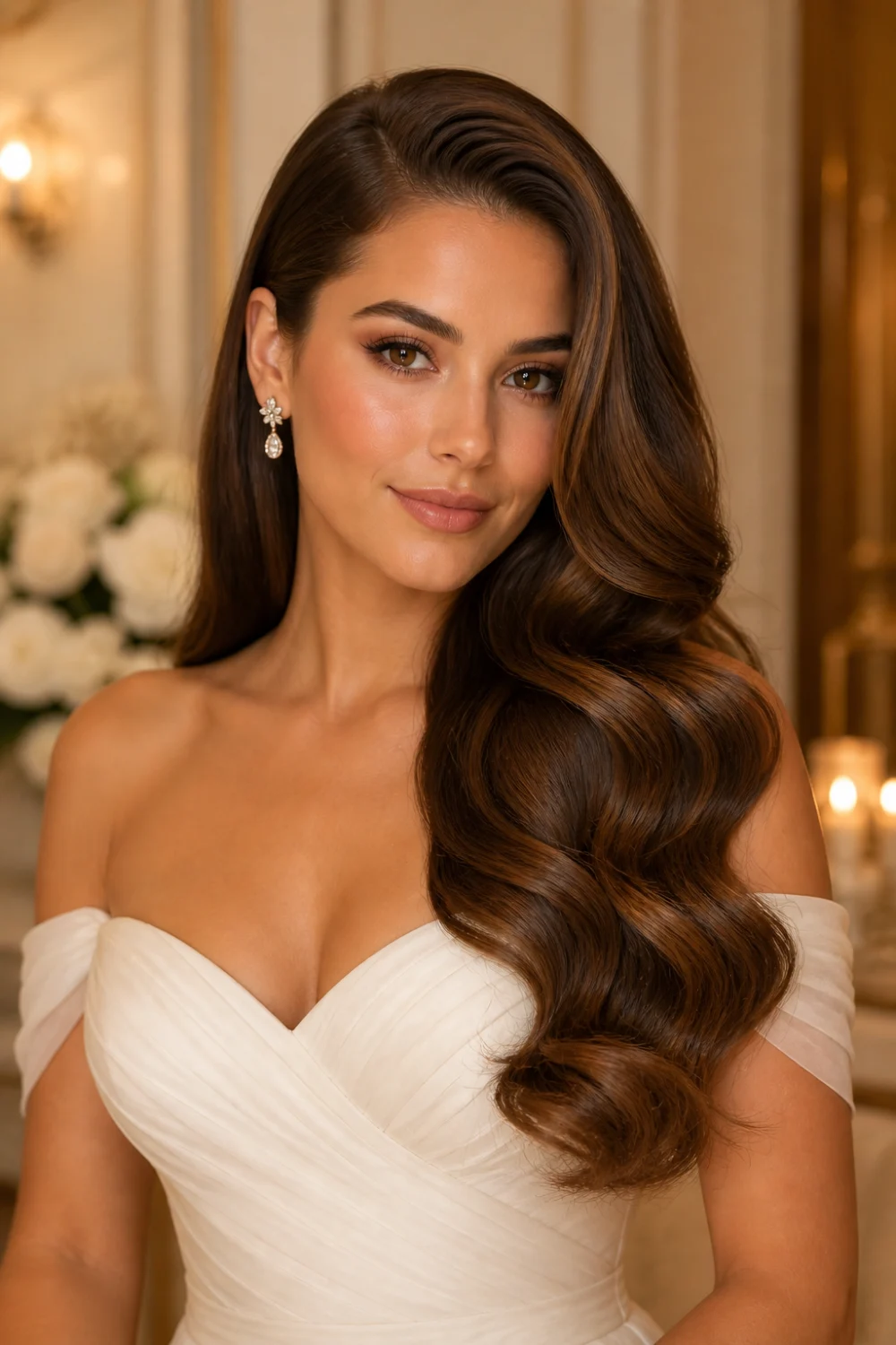 side swept loose waves hairstyle, glamorous wavy hair look, voluminous side part waves, elegant bridal waves hairstyle, soft glam long hair waves, luxury evening hairstyle trend