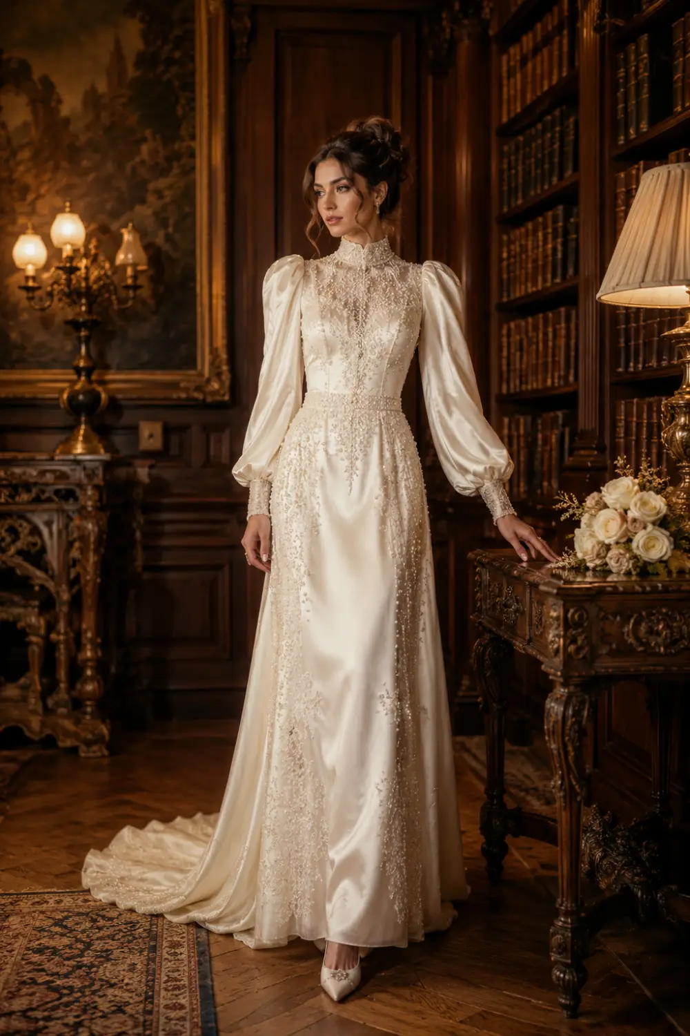 Vintage high neck satin wedding dress with long puff sleeves, delicate lace embroidery, elegant fitted silhouette, and timeless bridal styling inside a luxurious vintage library with warm golden lighting.