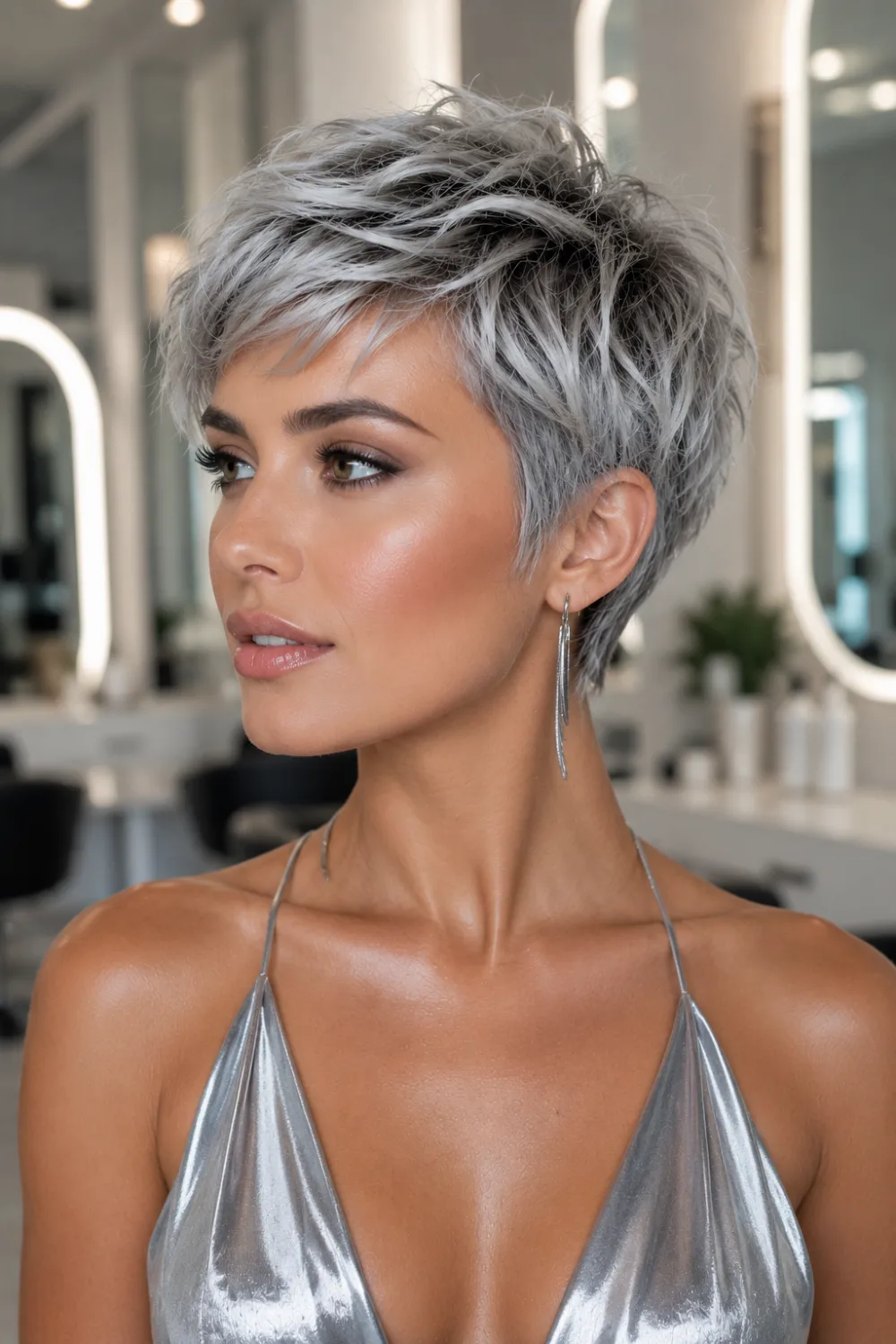 Silver feathered pixie hairstyle with icy gray tones, soft textured layers, and elegant short hair styling in a luxury salon with glowing modern beauty lighting.