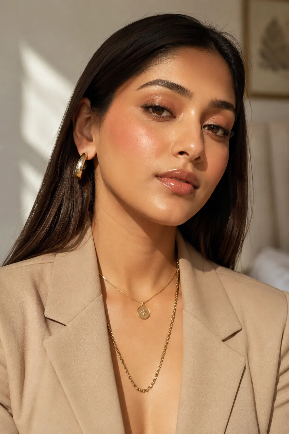Peachy rosy latte makeup look with bronzed glowing skin, glossy nude lips, neutral soft glam eyes, sleek straight hair, gold jewelry, and rich girl beauty aesthetic.