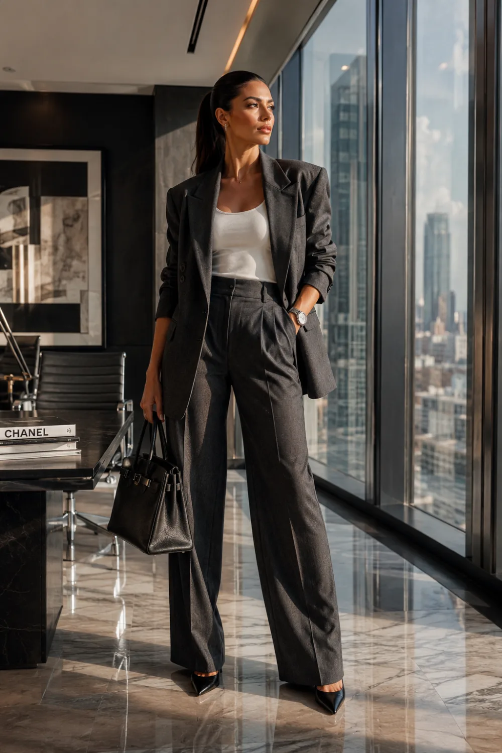 Modern charcoal gray power suit outfit with oversized blazer, wide-leg trousers, fitted white top, black pointed heels, and luxury executive office fashion styling.