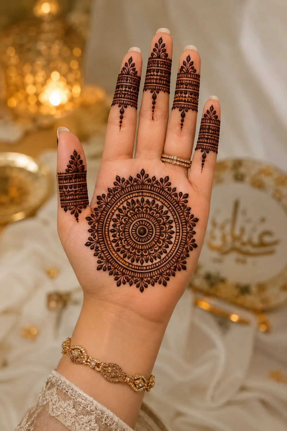 Classic mandala palm mehndi design for Eid ul Adha 2026 featuring detailed circular henna art, elegant finger patterns, nude nails, and traditional modern festive styling.