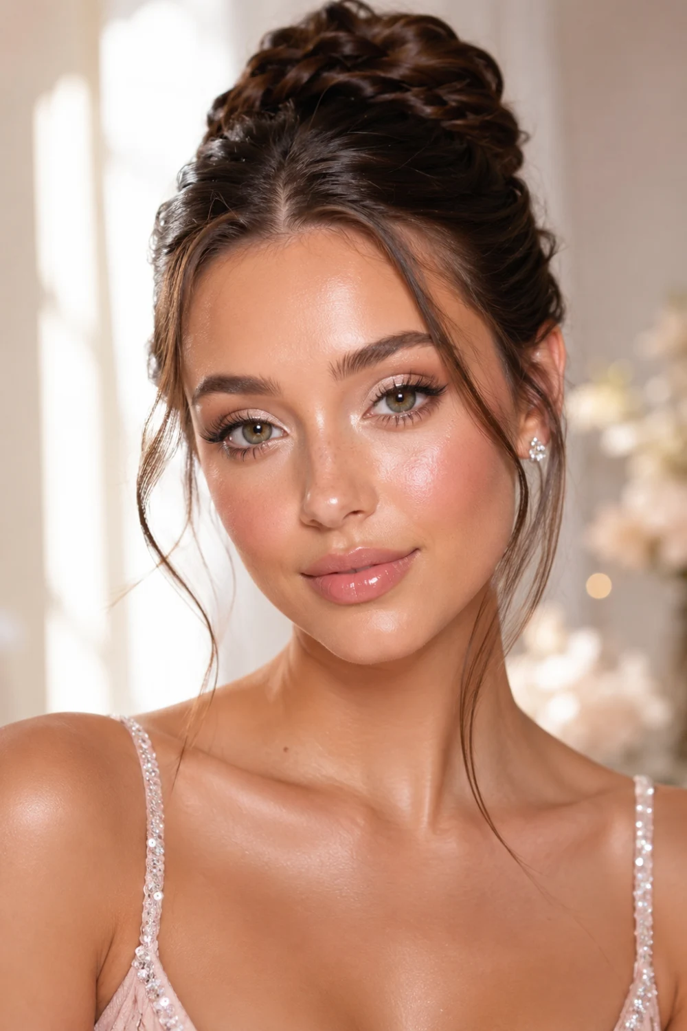 Clean girl prom makeup with dewy skin, fluffy brows, glossy pink lips, soft blush, elegant updo hairstyle, and natural glam beauty aesthetic.