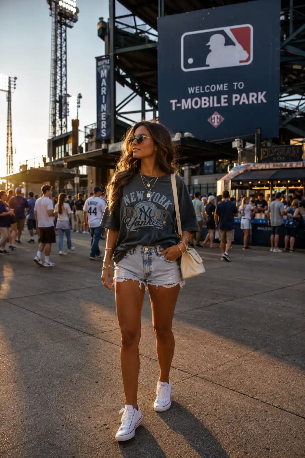 Woman wearing vintage Yankees graphic tee with distressed denim shorts and white sneakers outside baseball stadium during golden hour.