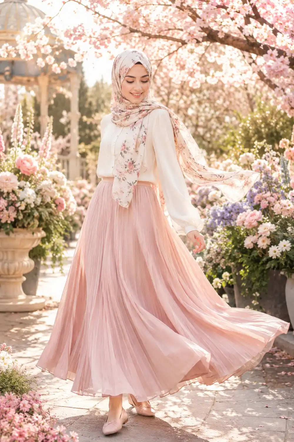 Beautiful hijabi woman wearing a blush pink pleated maxi skirt, cream blouse, floral chiffon hijab, and soft ballet flats while walking through a blooming spring garden filled with pastel flowers and cherry blossoms. The feminine modest fashion outfit features dreamy pastel tones and romantic spring aesthetics.