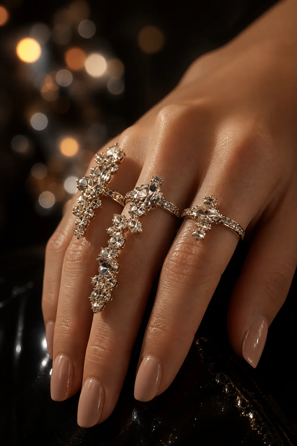 female hand wearing crystal knuckle rings with sparkling stones, diamond midi rings, glossy nude nails, dark background with bokeh lights, luxury glam jewelry aesthetic, high shine details