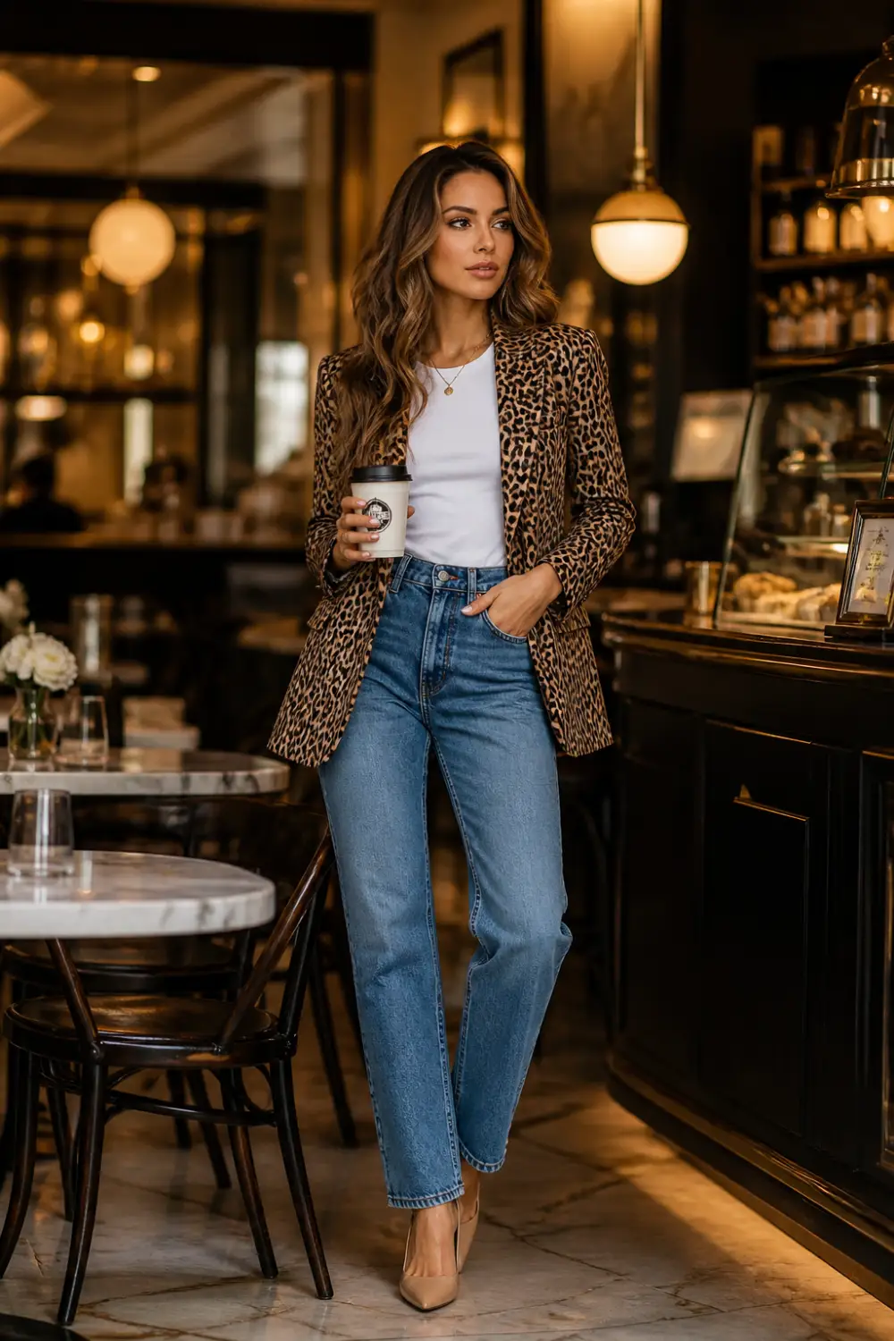 leopard print blazer outfit with blue jeans and white top, female model holding coffee stylish casual street style look